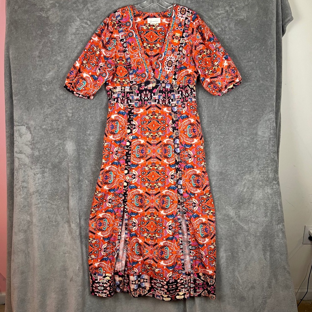 Anthropologie Maxi Dress Womens 14 Orange Boho Tribal Print Maximalist
